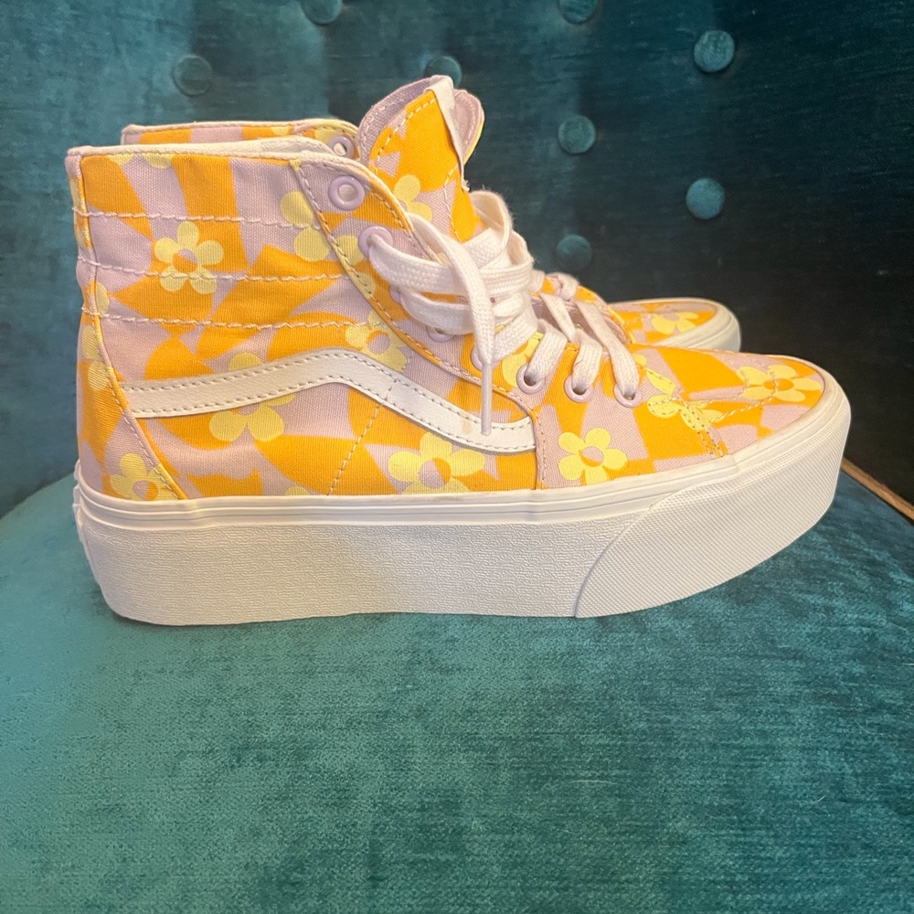 Vans sk8 floral platform high top sneakers pink orange yellow 9